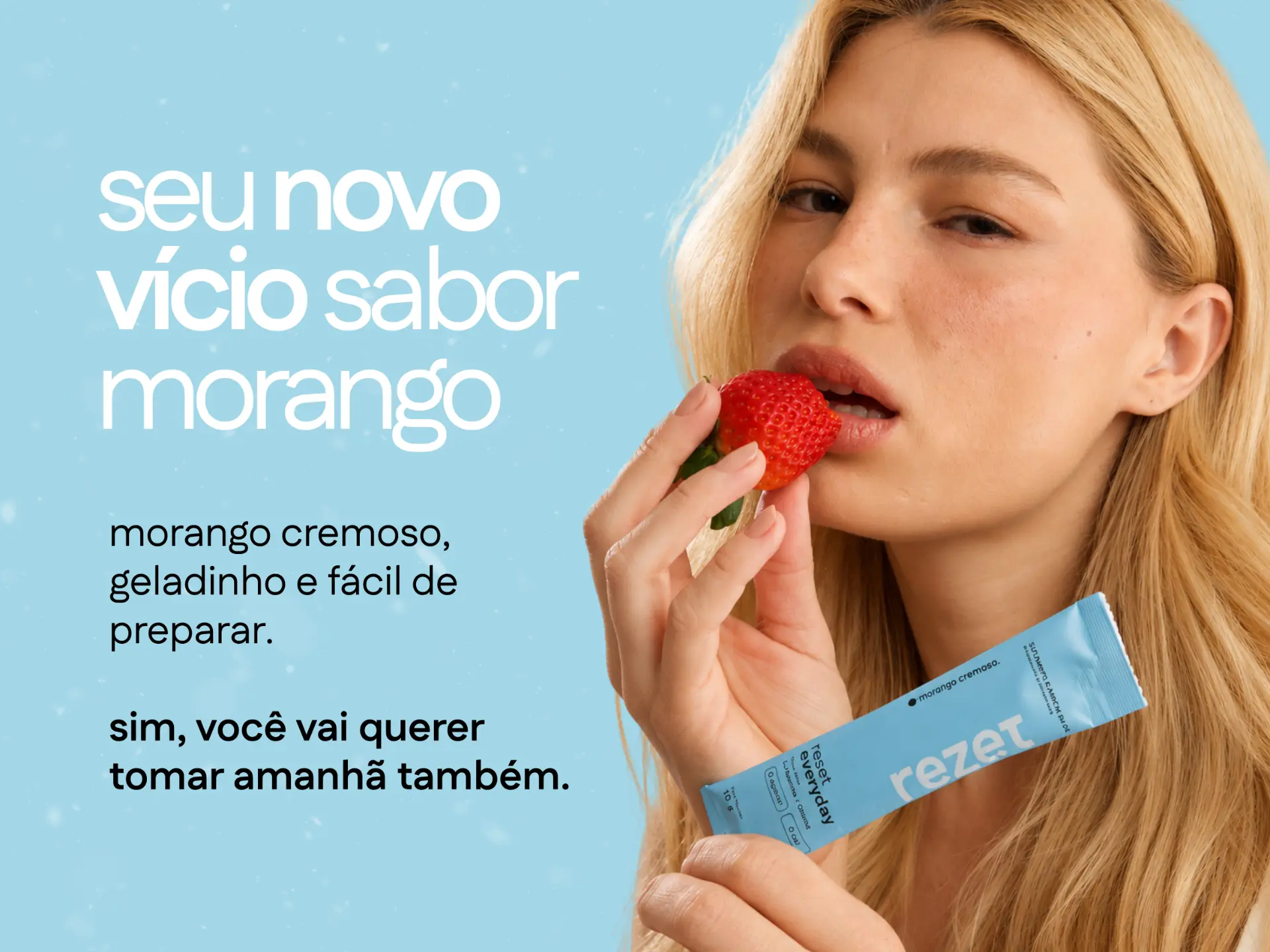 Modelo com morango e sachê de rezet — seu novo vício sabor morango