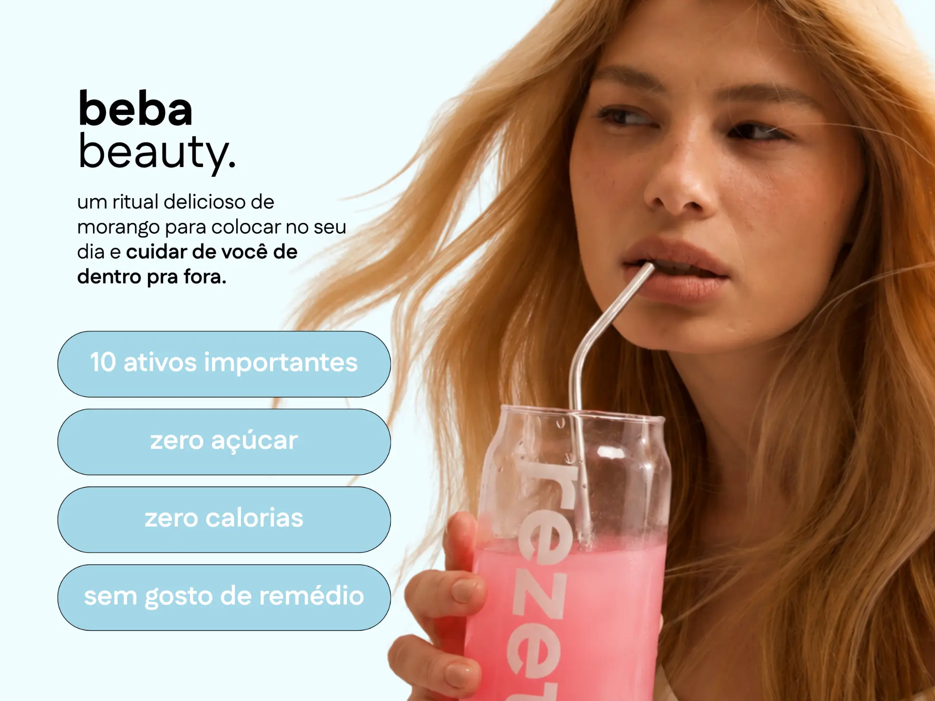 Modelo bebendo rezet e os benefícios: 10 ativos, zero açúcar, zero calorias e sem gosto de remédio